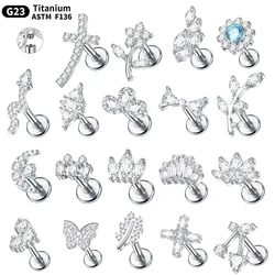 1PC Titanium Zircon Flat Back Stud Earring for Women Ear Tragus Helix Conch Piercing Butterfly Cross Monroe Ring Labret Stud 16G