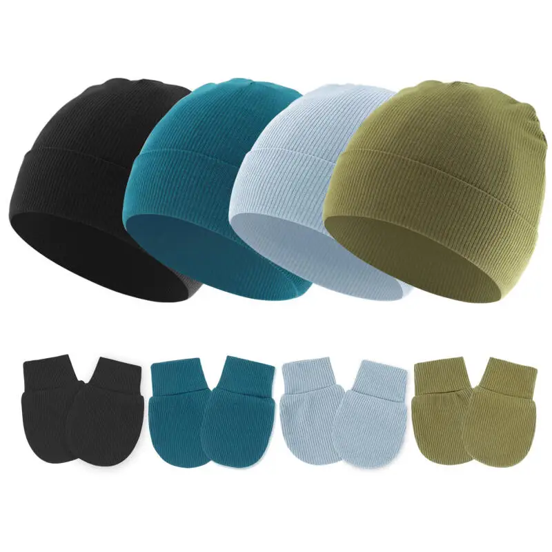 

4Set/lot Newborn Baby Hat Gloves Solid Color Knitted Hats for Boys Girl Soft Beanie Spring Babies Accessories Infant Shower Gift