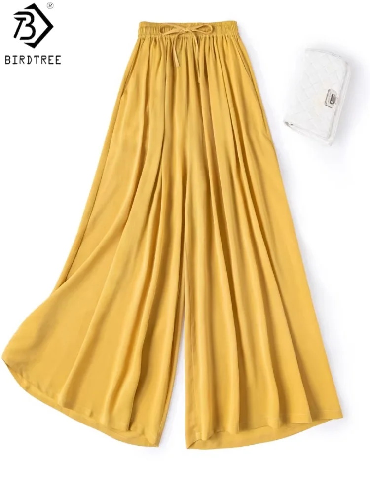 

Birdtree, 100% Real Silk Solid Pants, Women Jianhong Crepe Wide Leg Drawstring Trousers, Elastic Waist, 2026 Spring New P63620JF
