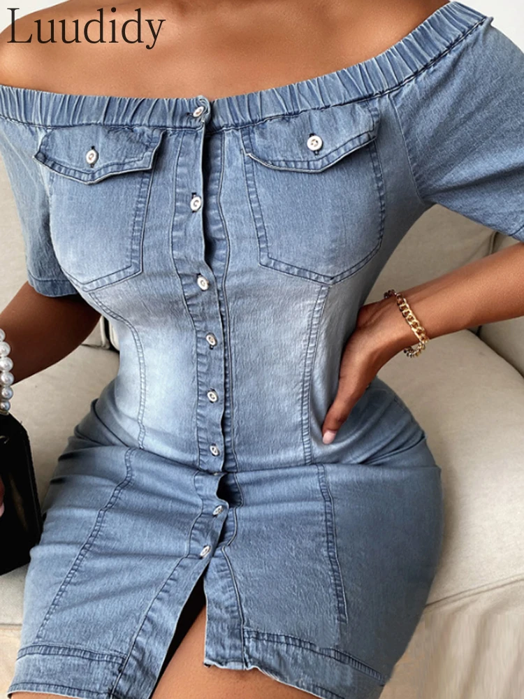 

Women Off Shoulder Single Breasted Denim Shirt Dress