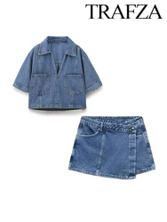 TRAF Women's V-Neck Pocket Embellished Denim Shirt Set Street Trend Denim Two Piece Asymmetric Skirt Set Commuter Casual Set