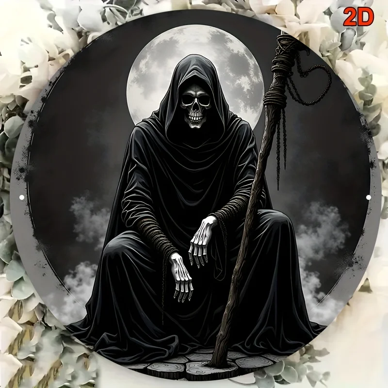 Gothic Skull Reaper Metal Sign, Vintage Dark Fantasy Wall Art, Round Iron Decor for Bar Basement
