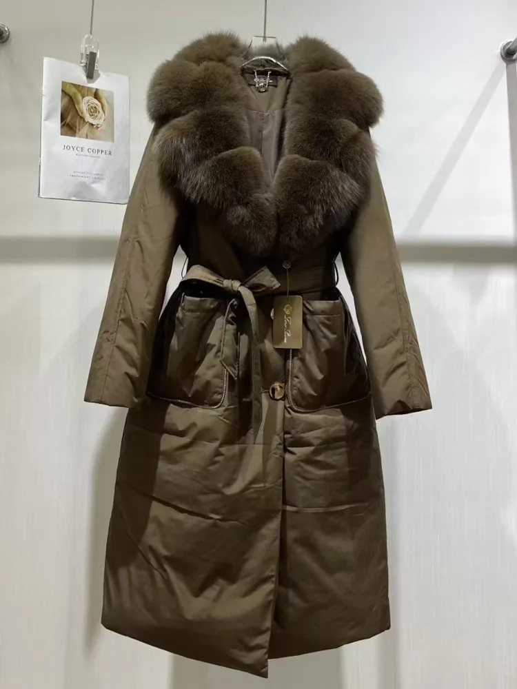 ZMEENNA Women's Elegant Winter Down Coat With Large Faux Fur Collar And Belted Waist Long Puffer Jacket Chic ZM3793