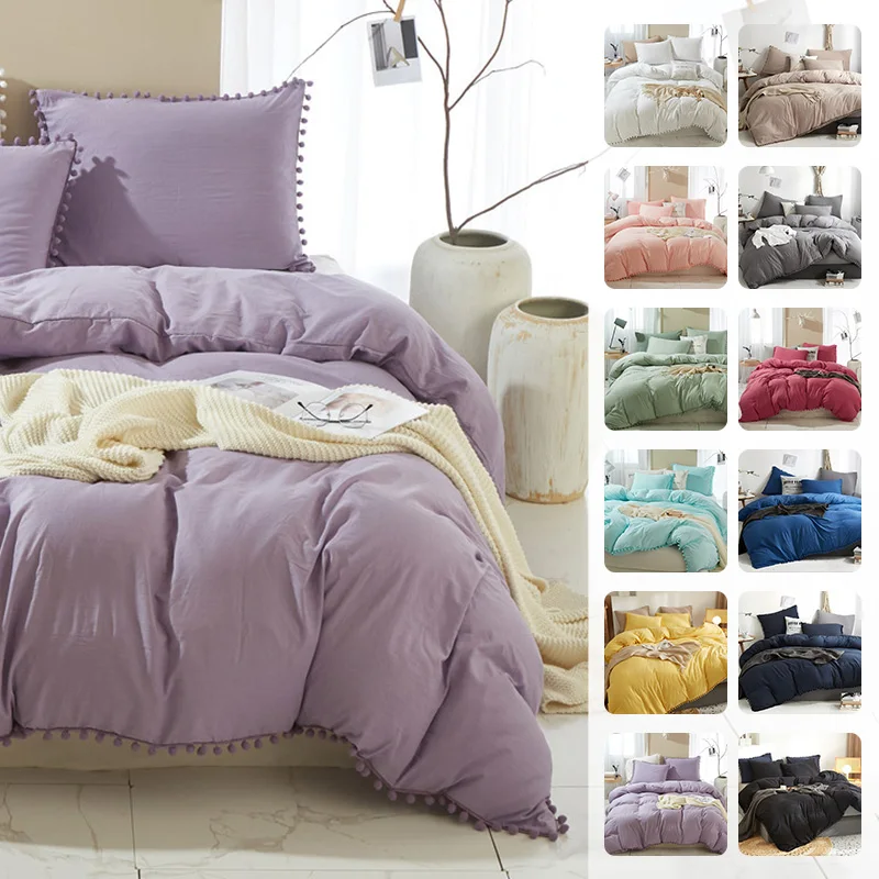 2/3 Pieces Set Soft Washed Duvet Cover Bedding Set With Pillowcases Cute Pom‑Pom Trim Edge Decor For Twin Full Queen King Size