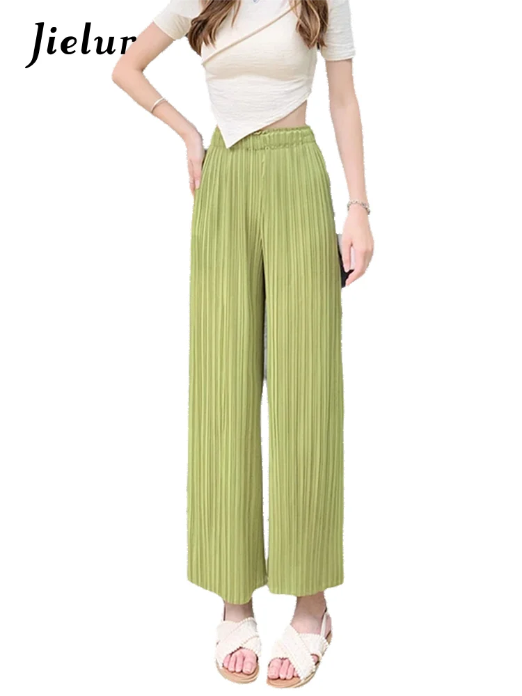 Jielur-Pantalones plisados de cintura elástica para mujer, Pantalón recto de Color liso, estilo coreano, azul claro, elegante, para oficina, Verano