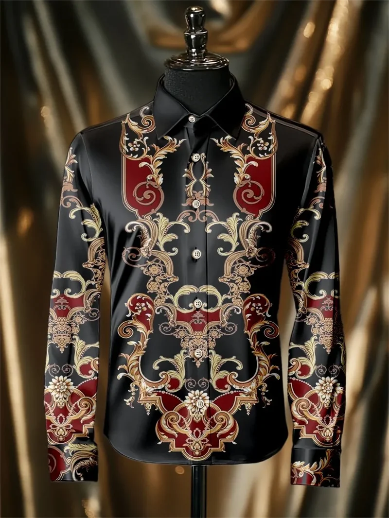 New men's long sleeved shirt with gold 3D line printing technology, fashionable patterns, luxurious shirt style