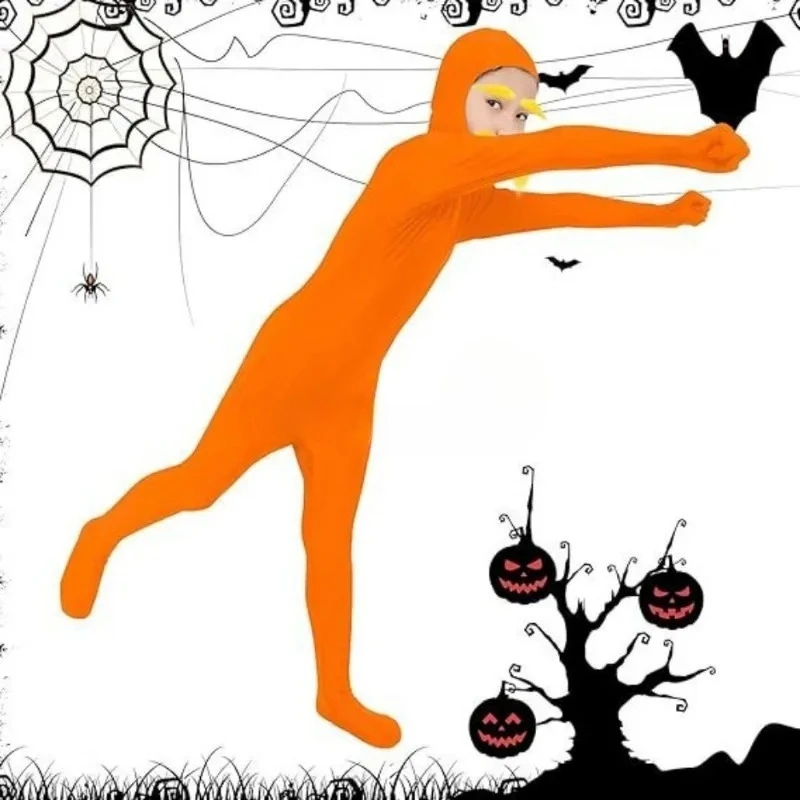 

Halloween cosplay Party Jumpsuit Orange Costume Yellow Moustache and Eyebrow Baring Orange Bodysuit Masquerade Outfits