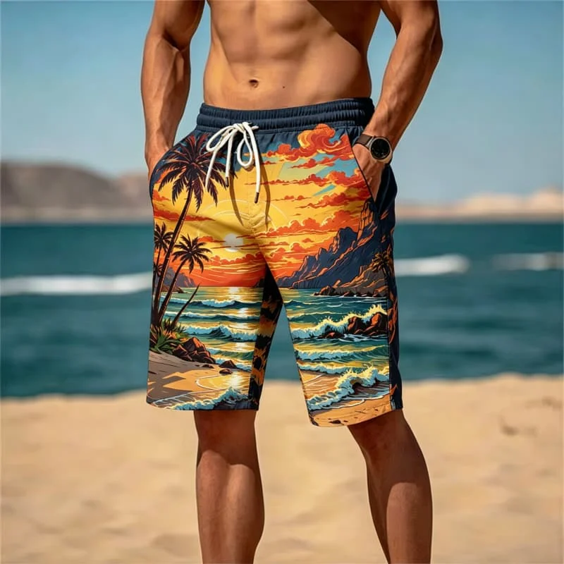 Men's tropical coastal printed quick drying beach shorts, lightweight casual version, for beach parties and casual gatherings