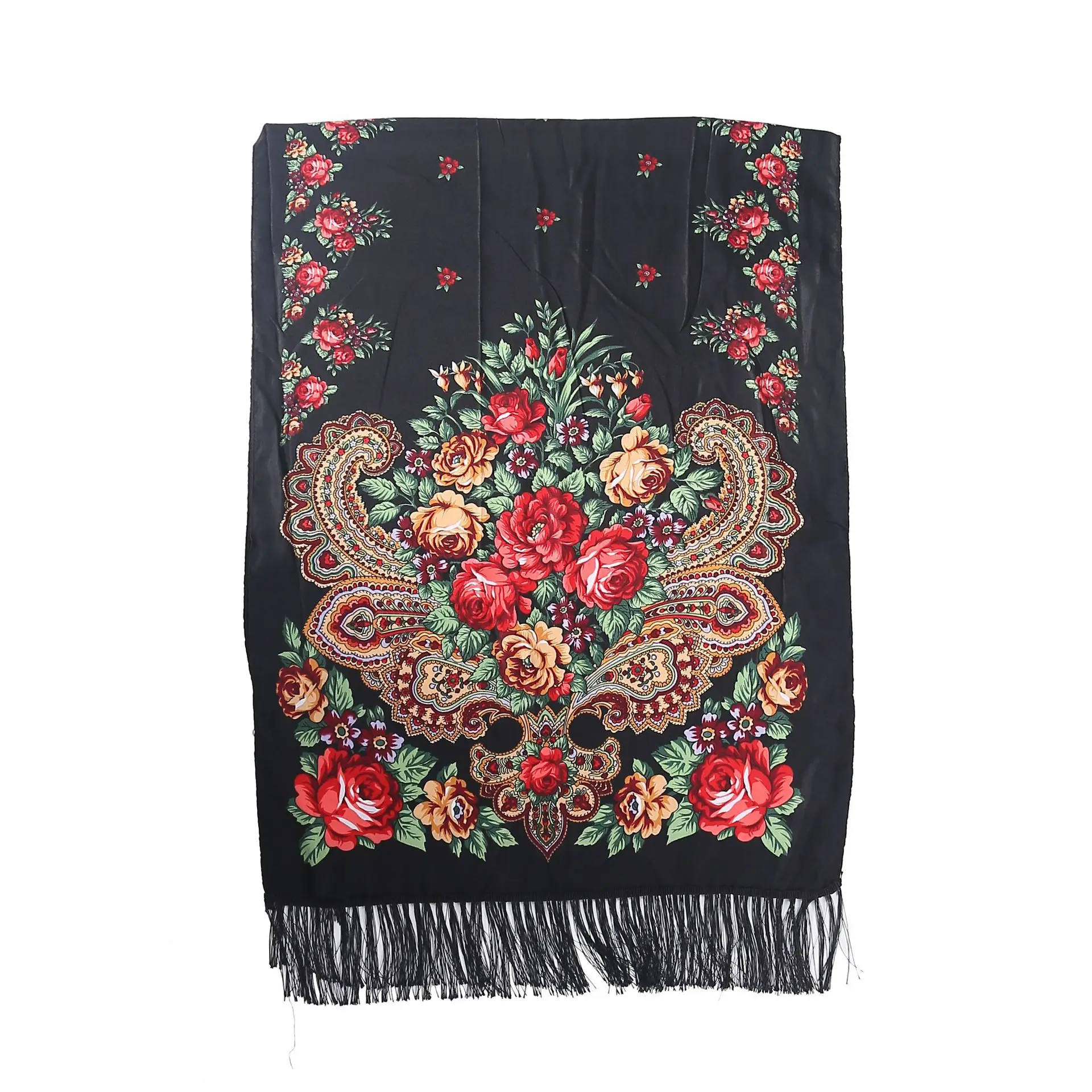 190*66CM Women Russian Style Peony Floral Printed Long Tassel Large Square Scarf Warm Wrap Traditional Ethnic Mexican Shawl