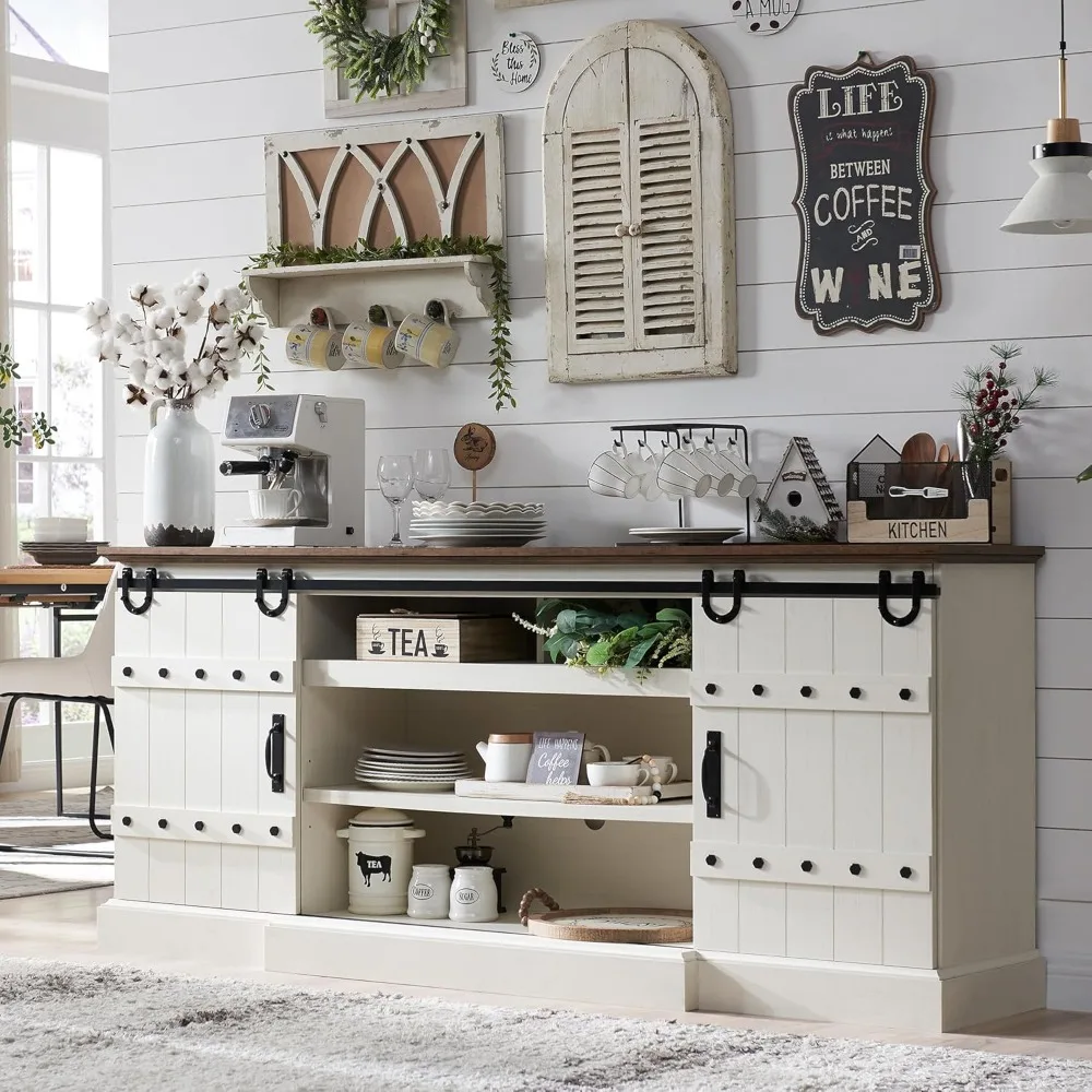 

75" Sideboard Buffet Cabinet with Storage, Farmhouse TV Stand W/Sliding Barn Door, Rustic Long Coffee Bar, Large Buffet Table