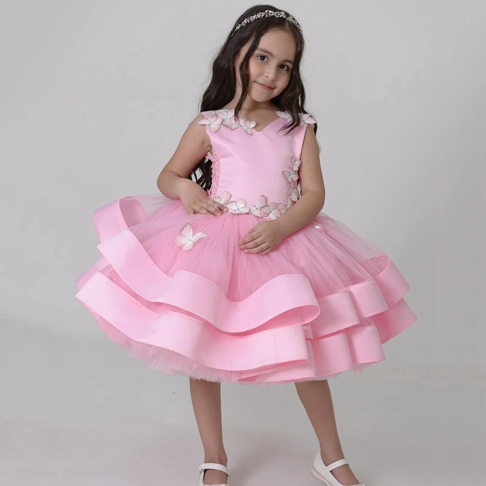 

Cute 3D Floral Girl's Party Dresses Pink Puffy Ball Gown Flower Girl Dress with Butterfly Pink Pageant Prom Gowns