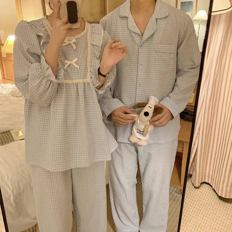 Autumn Ins Plaid Couple Pajamas Hit Color Lotus Leaf Plaid Pajamas Home Clothing Set Sleepwear Pijamas Women Clothes for Women