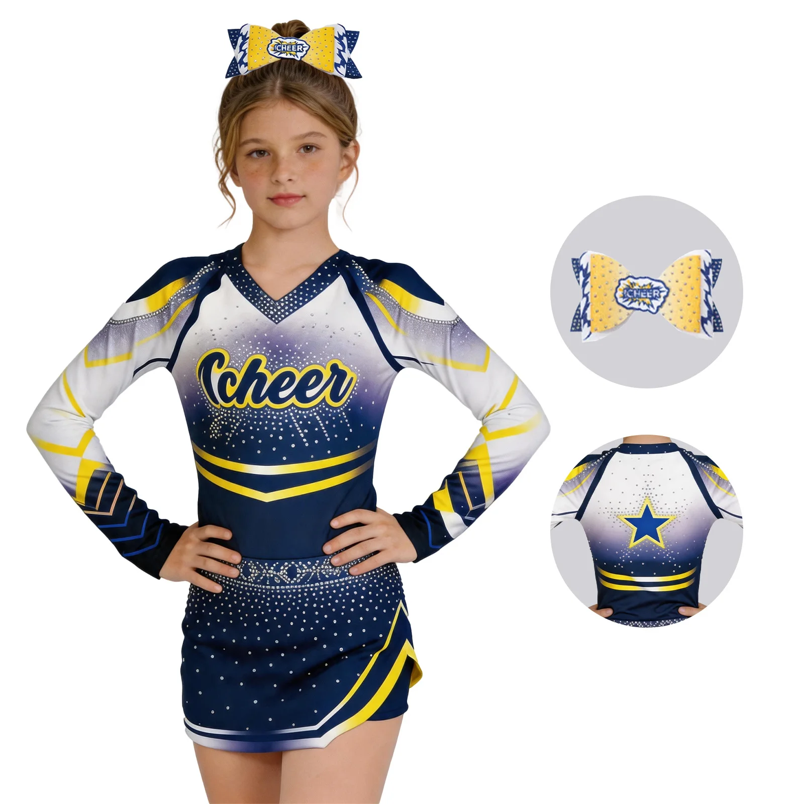 

Premium Girls Shiny Rhinestone Cheerleading Dress Long Sleeve Gradient CHEER Top Skirt Set Cute Bow Headpiece Professional Cheer