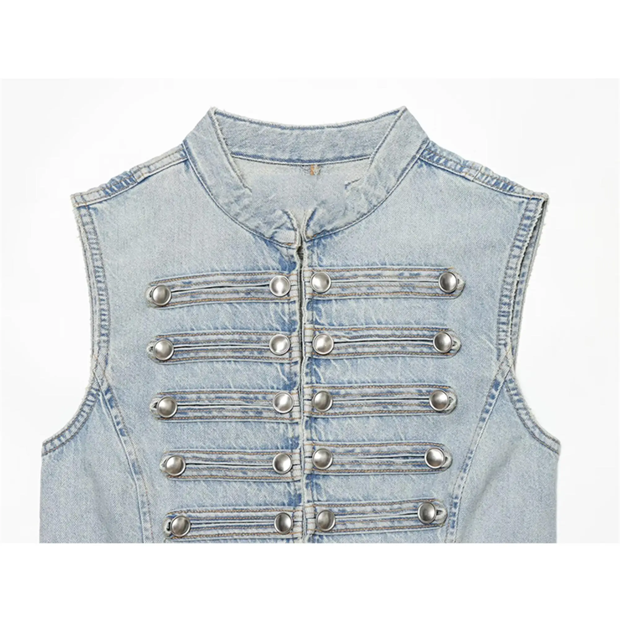 Modische Damen Ärmellose Jeansweste Oberbekleidung Vintage Trendy 2026 Sommer Neu Schlankmachende Stehkragen-Weste mit Knopfverzierung – Detail 4