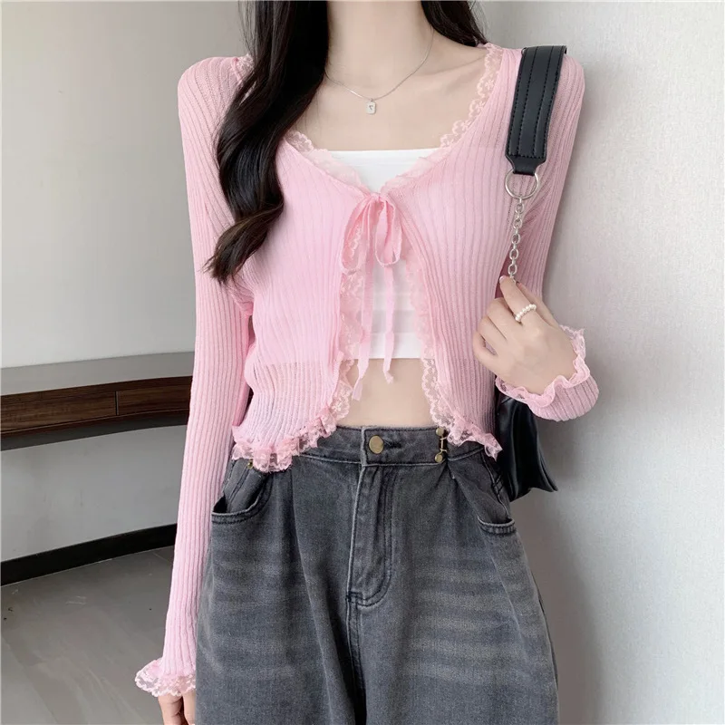 Summer Lace Knitted Cardigans Long Sleeved Short Lace-Up Thin Sunscreen Shawl Women Sunscreen Tops