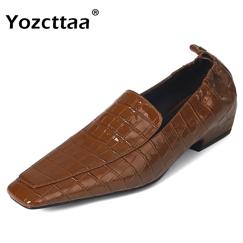 Yozcttaa Rozmiar 33-40 Kobiety Casual Loafers Flats Shoes Genuine Leather Square Toe Low Heels Spring Shoes Retro Slip-On Office Lady