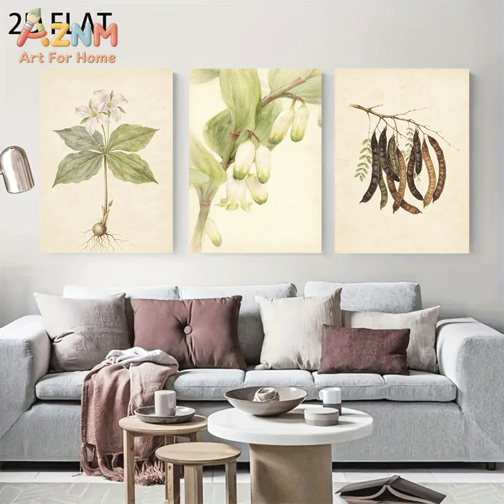 AZNM Frameless Canvas Wall Art, Vintage Botanical Plant Flower Seed Pod Print, Antique Watercolor Botanical Wall Decor for Livin