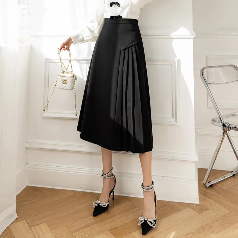 Irregular Pleated Patchwork Women\'s Skirts Summer 2024 Spring New Office Lady A-Line Mid Length Casual Skirts Female Spring