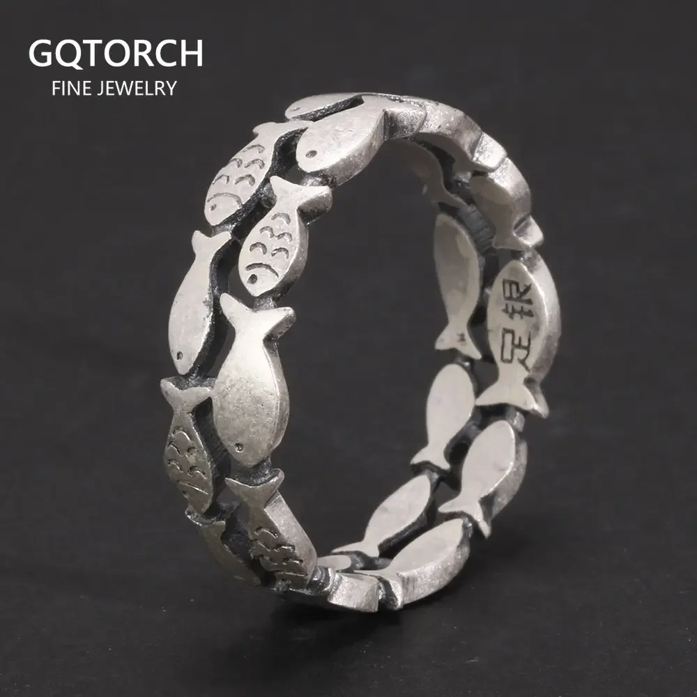 

925 silver lovers ring archaized craft men and women hollow-out double row Thai silver bright small fish ring