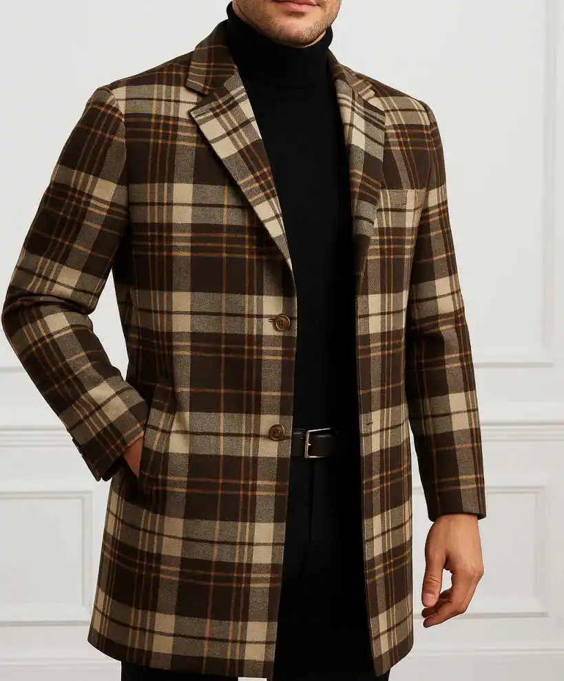 클래식 그리드 울 혼방 남성 오버코트 1피스 싱글 브레스티드 루즈 코트 가을 겨울 따뜻한 스트리트웨어 캐주얼 데일리 맞춤형