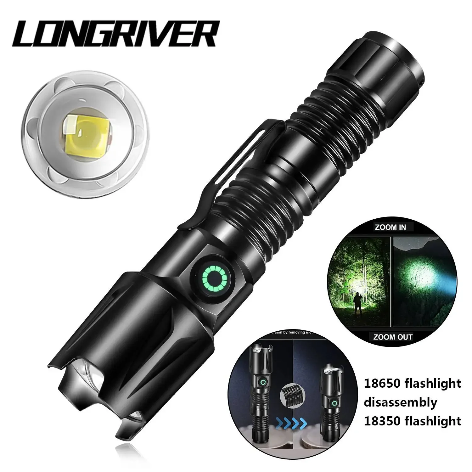 

LONGRIVER Powerful LED Flashlight Zoomable Rechargeable Torch Portable Lantern 5 Modes Torch Light for Camping Hiking Emergency