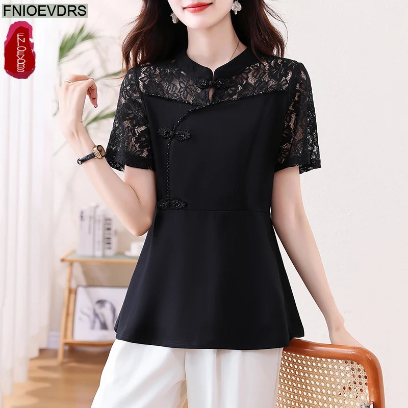Черные винтажные топы с кружевным воротником-стойкой в стиле ретро, блузки, элегантные женские рубашки из смеси хлопка с короткими рукавами 2025, офисные женские рубашки