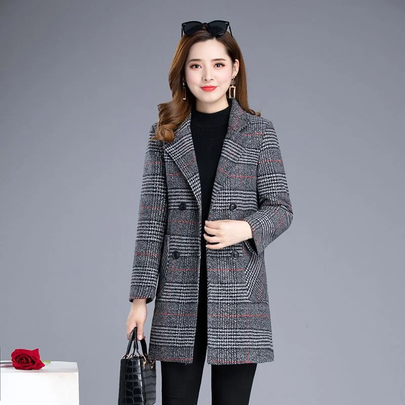 2023 Woolen Coat Women's Autumn Winter Middle-aged Plaid Woolen Blended Coat Elegant Slim Women Jacket Outerwear Overcoat Female