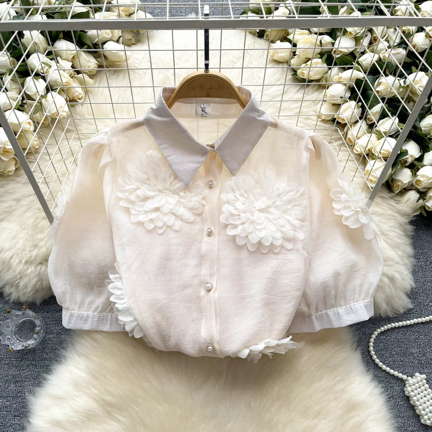 2025 New French Style 3D Floral Blouse Women Lapel Neck Short Sleeves Pearl Loose Top Fashion Hotsweet Sheer Chiffon Shirt
