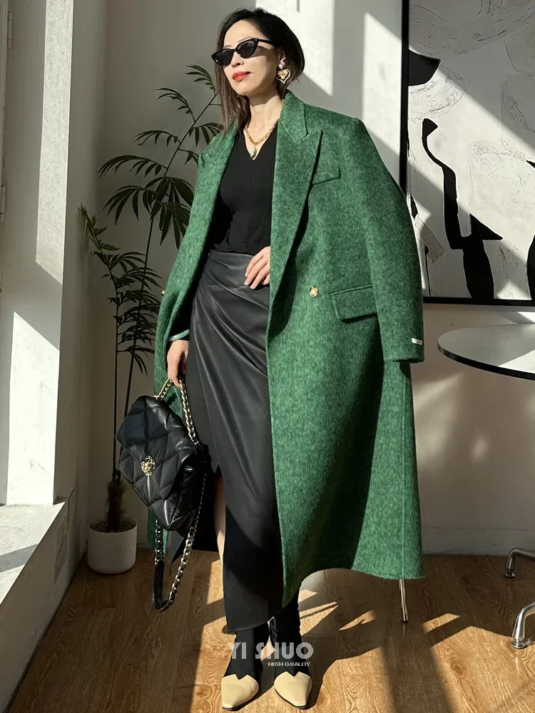 RosEvans Green Double-sided Wool Cashmere Coat Suit Collar Straight Fit Long Wool Coat Elegant Slim Woolen Coat Women 2023 New