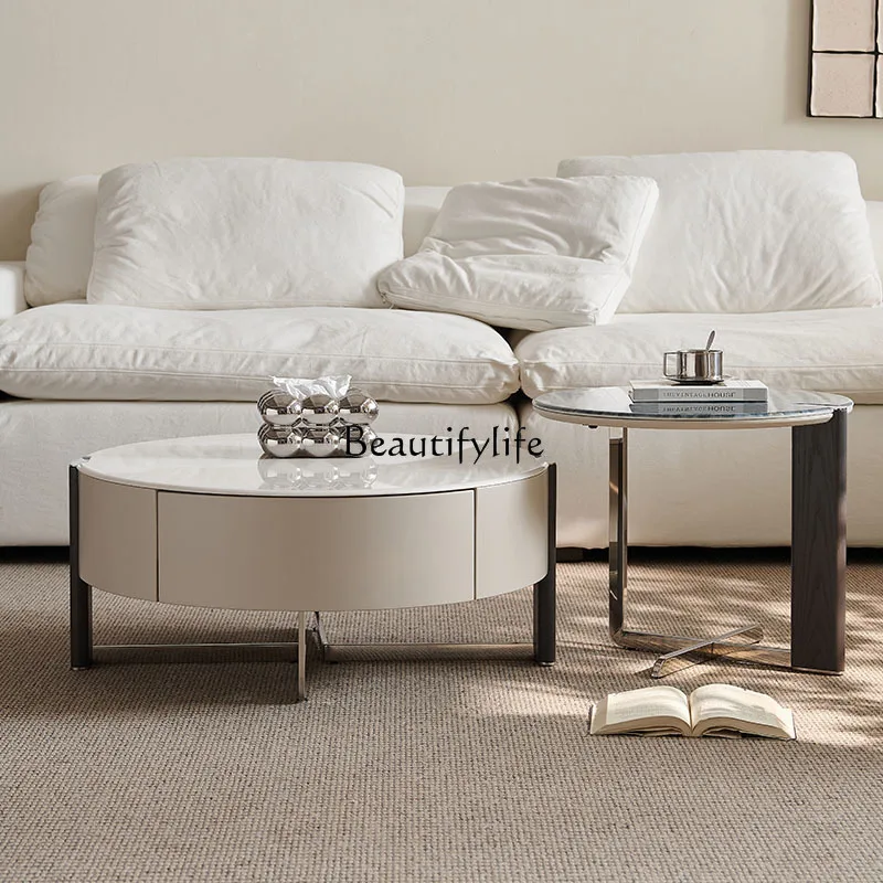 Cream wind coffee table living room 2024 new home creative small apartment marble round