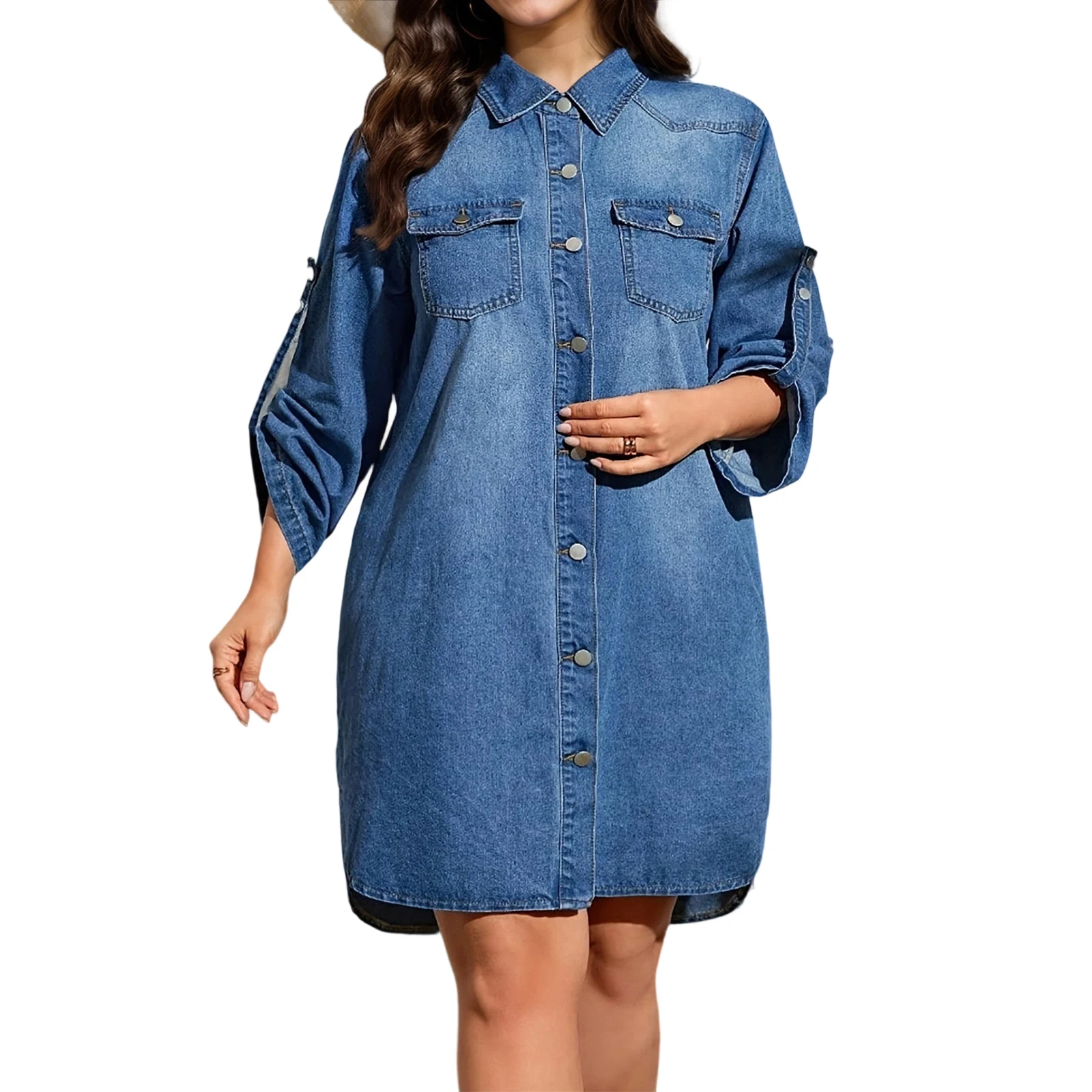 

Women Button up Denim Dress Casual Solid Color Plus Size Long Sleeve Party Dress for Vacation Club Streetwear