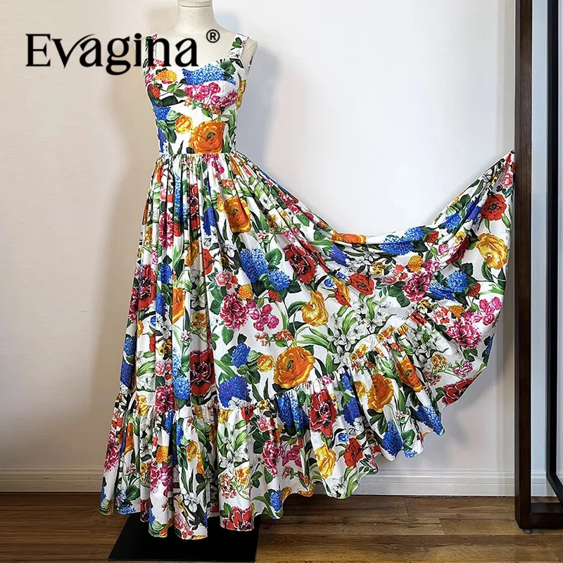 

Evagina Fashion Design Small Floral Fairy Long Dress Peach Heart Collar Slimming Dress Printed Holiday Strap Beach Skirt