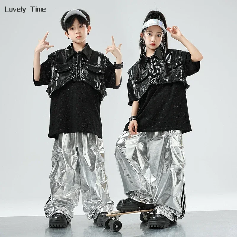 Boys Hip Hop Leather Motorcycle Vest Cargo Pants Girls Waistcoat Street Dance Joggers Kids Sleeveless Jacket Child Punk Costumes