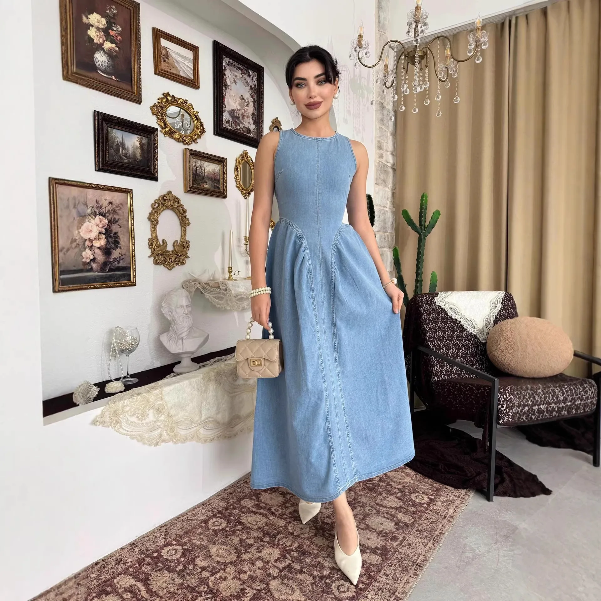 Summer Women Sleeveless Backless Denim Dress Elegant Slim Fit Bodycon Jumpsuit Playsuit
