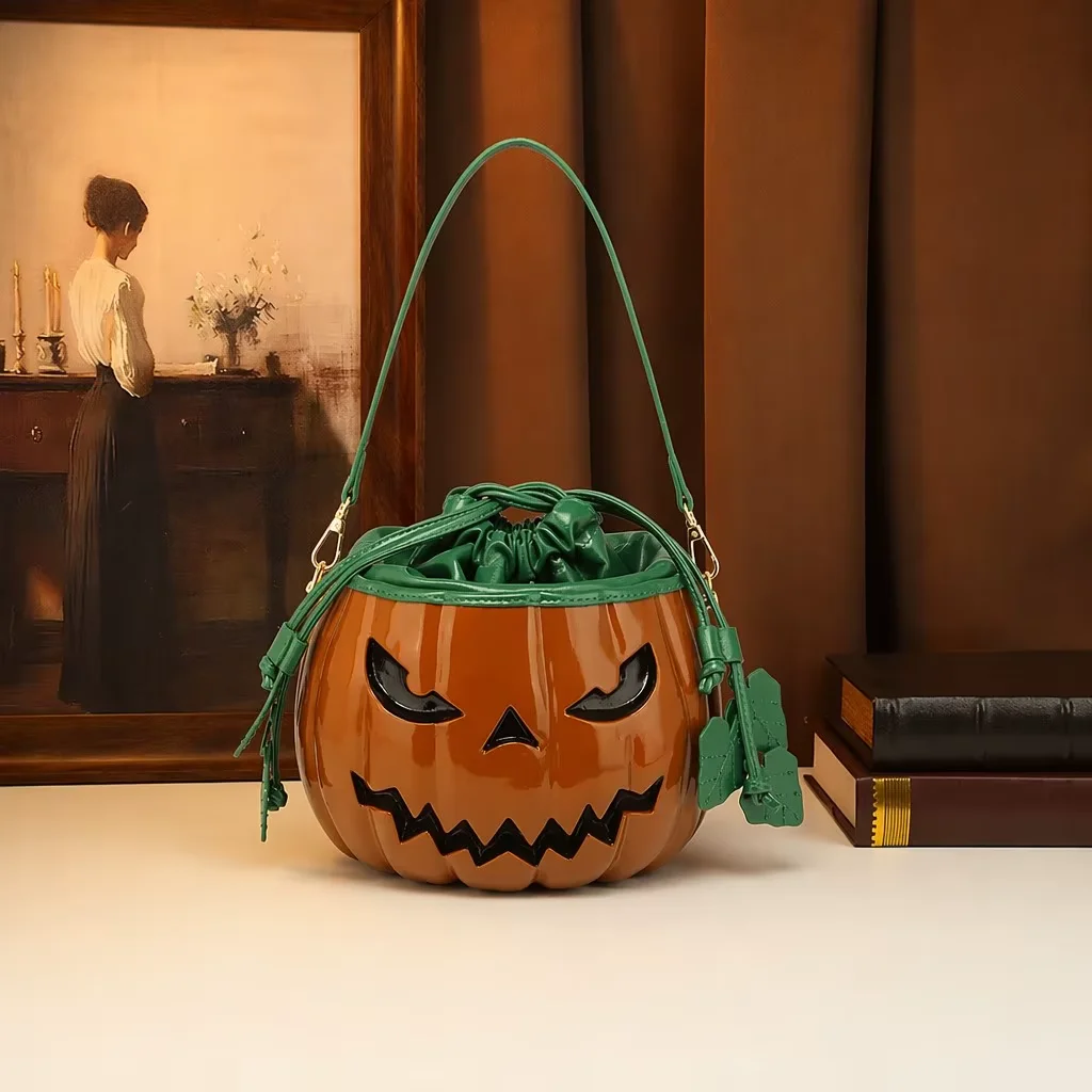 Women Bags Green - Gotische Kürbis-Tasche mit Glänzendem Teufelsgesicht-Muster, Neuartige