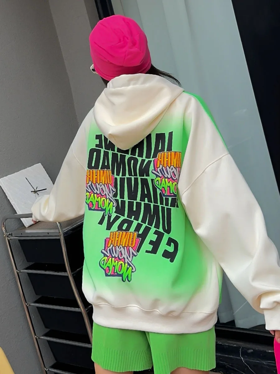 Graffiti Letter Hooded Sweatshirt Tops Women 2024 Autumn Winter Oversized Y2k Clothes Cotton Casual Loose Sportshirt Bust 132cm