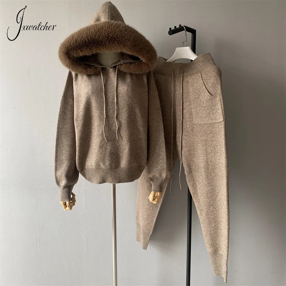 Jxwatcher Sweater wanita, Set dengan kerah bulu palsu musim gugur Pullover bertudung elastis bagus campuran wol sweter hangat musim semi