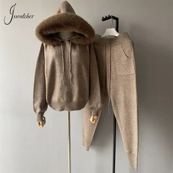 Jxwatcher Set maglione da donna con collo in pelliccia finta Pullover da donna autunnale con cappuccio Buona elasticità Misto lana Maglioni caldi Primavera