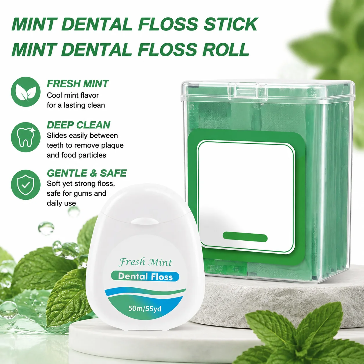 50pcs/Box Individually Packaged Mint Flavored Dental Floss Picks + 50m Mint Dental Floss Roll for Oral Hygiene