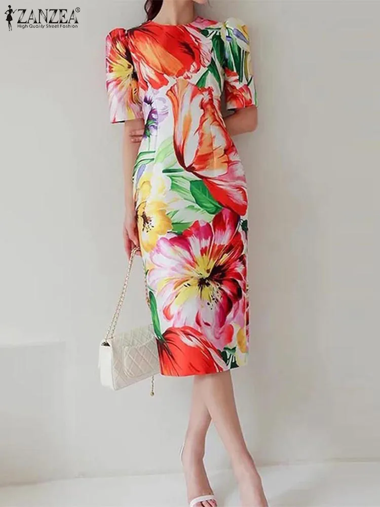 ZANZEA Women Short Puff Sleeve Sundress Bohemian Floral Print Midi Dresses Sexy Round Neck Holiday Waisted Slim Robe Oversized