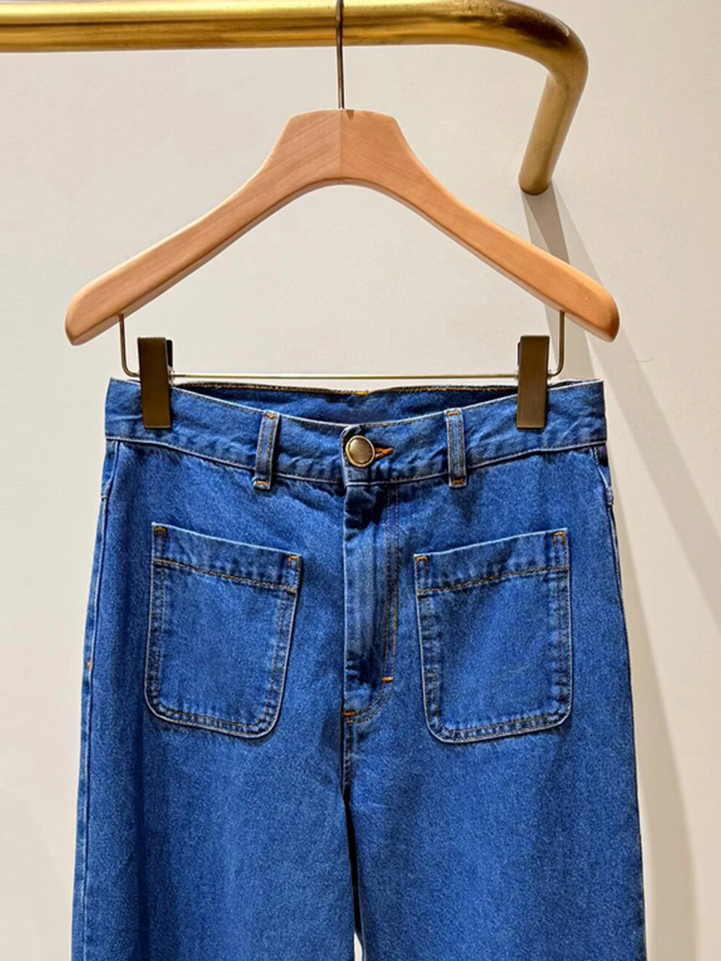 Celana Jeans Panjang Wanita High Waist Straight Leg Premium Denim Kasual Warna Biru Vintage untuk Aktivitas Sehari-hari Semua Musim