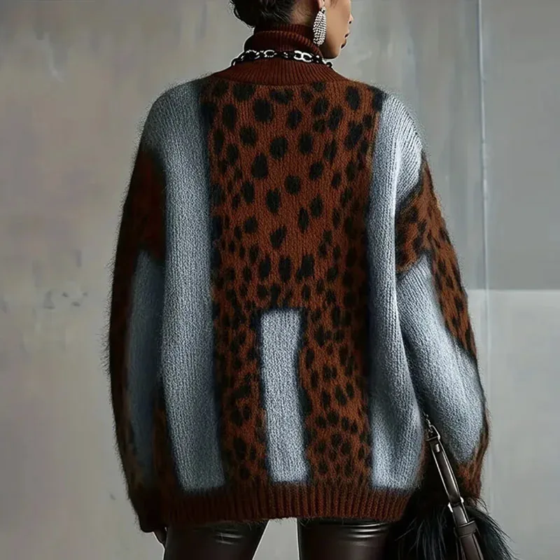 

Sexy Patchwork Leopard Print Sweater Woman Spring Turtleneck Loose Knitwear Top Pullover Female Long Sleeve Warm Sweaters Jumper
