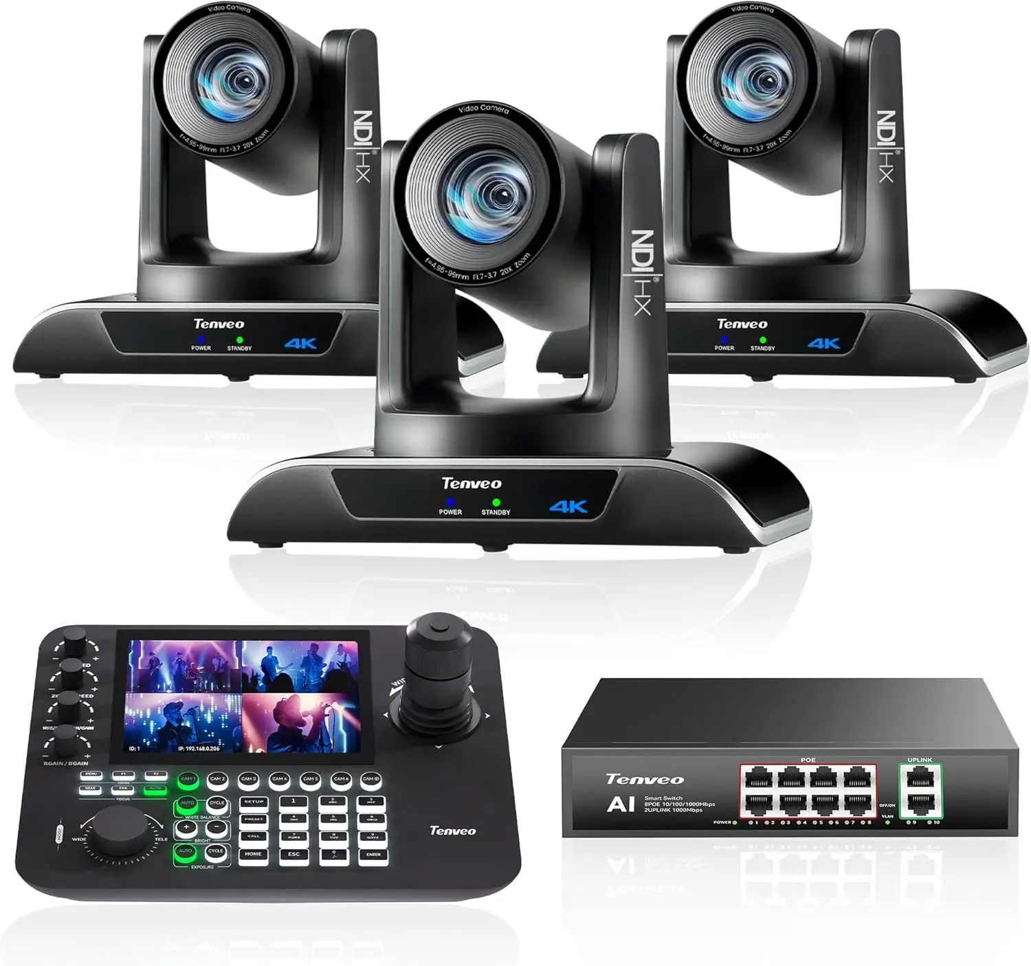 Tenveo 4K 20X NDI PTZ Camera with AI Tracking (3pcs) & 7 LCD Screen Joystick Controller & 8 Port PoE Switch for Live Streaming