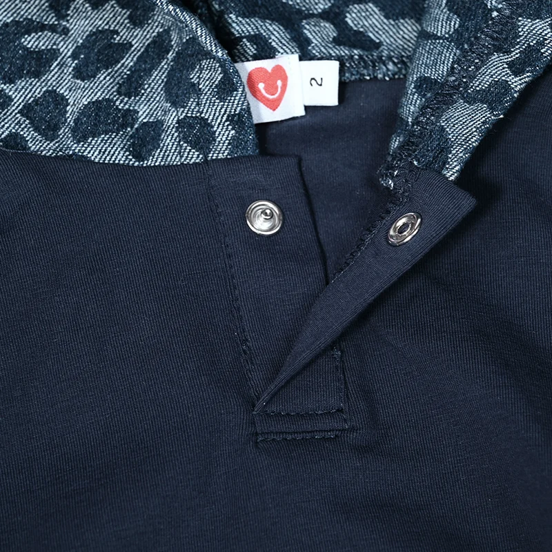 Blue Leopard Denim Children Set Long Sleeve Top Shirt Outfit Denim Washed Cotton/Spandex Dress Leopard Hoodie and Raw Edge Patch