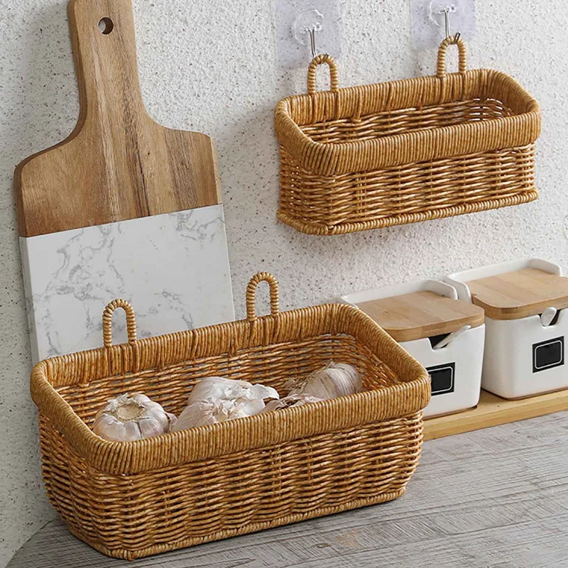 Woven Storage Basket Wall Hanging Portable Rattan Weaving Basket Flower Plant Pot Desktop Kitchen Vegetables Sundries Storage