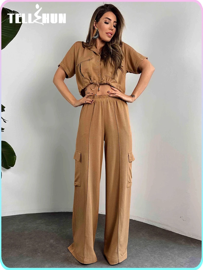 

Womens two pieces Set fashion clothes solid Short Tops High Waist Wide Leg Trousers Female Pants Sets casual streetwear outfits