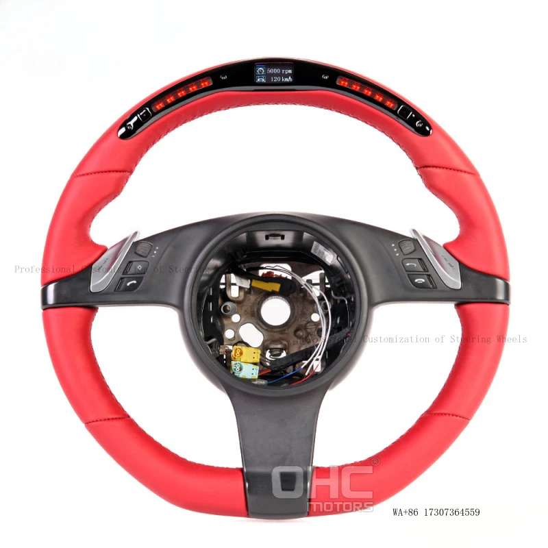 Suitable for Porsche Cayenne old model red leather + carbon fiber LED smart car steering wheel modification assembly