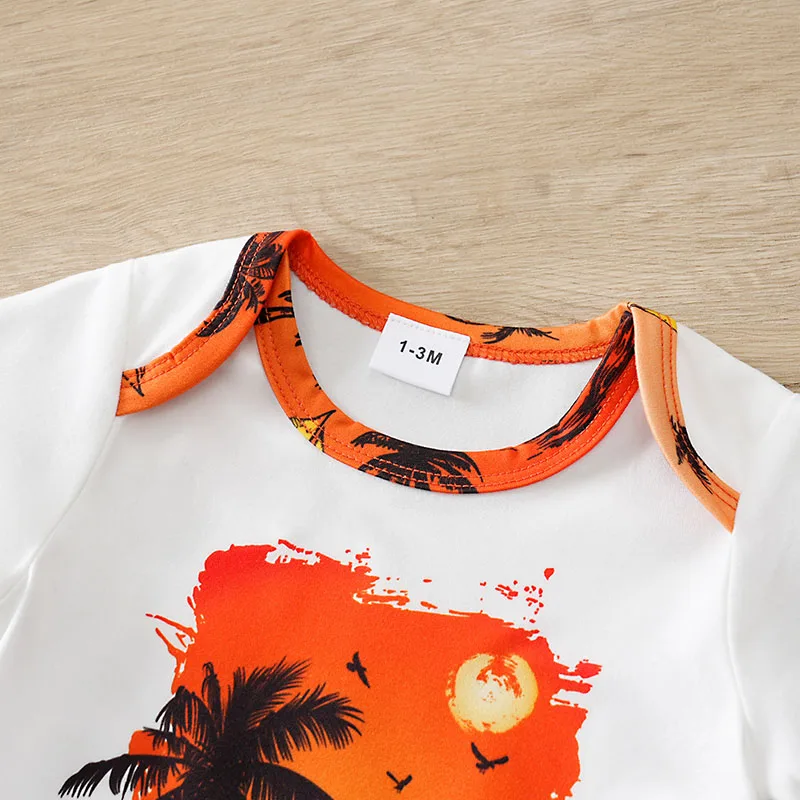 مجموعة الصيف العصرية على شاطئ البحر إعداد الشمس شجرة جوز الهند طفل صبي فتاة طباعة الملابس قصيرة الأكمام عطلة السراويل مثلث بذلة #3