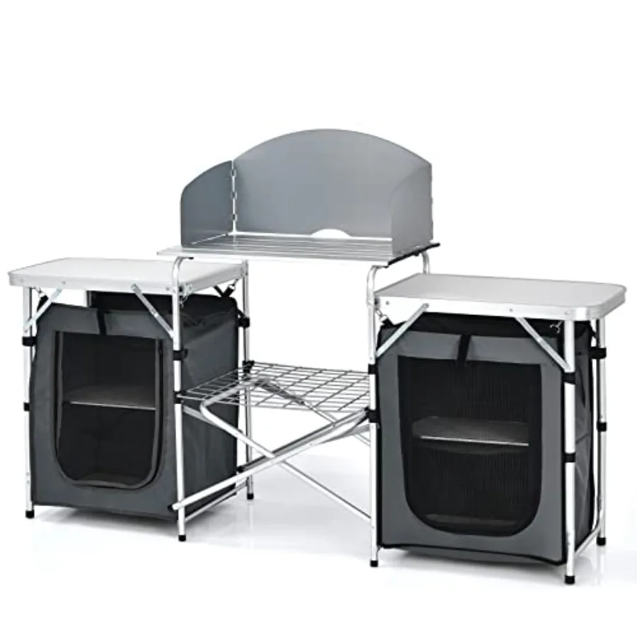 

Portable Camping Kitchen Table with Storage Organizer Aluminum Windscreen Folding Cooking Table Camp Kitchen Equipment for BBQ
