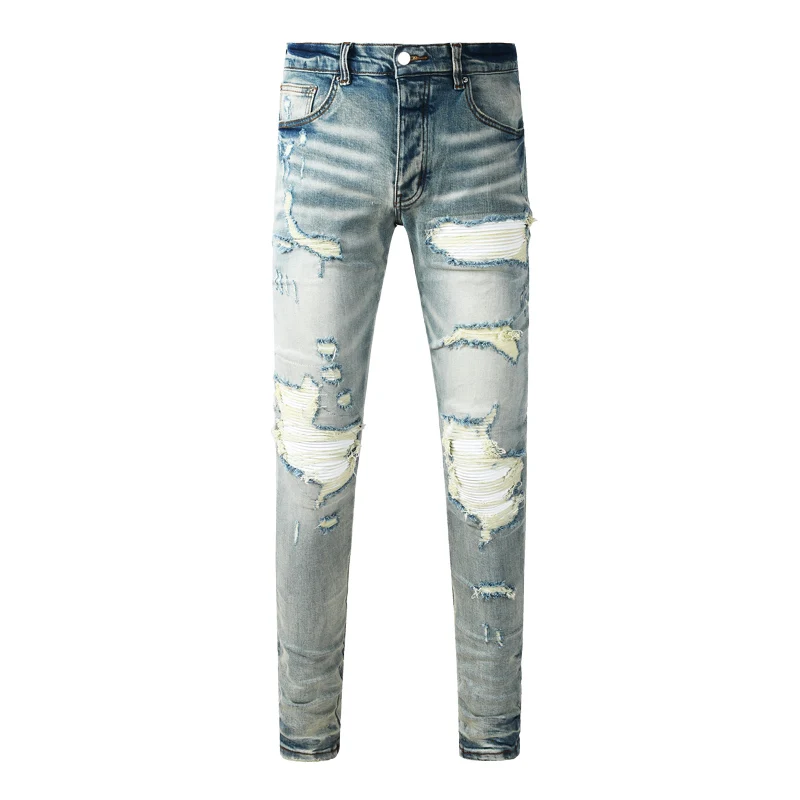 Men Light‑Blue Multi‑Holes Ripped Skinny Jeans, Vintage Faded Washed Distressed Denim Pants, Mid‑Waist Stretch Slim‑Fit Street T